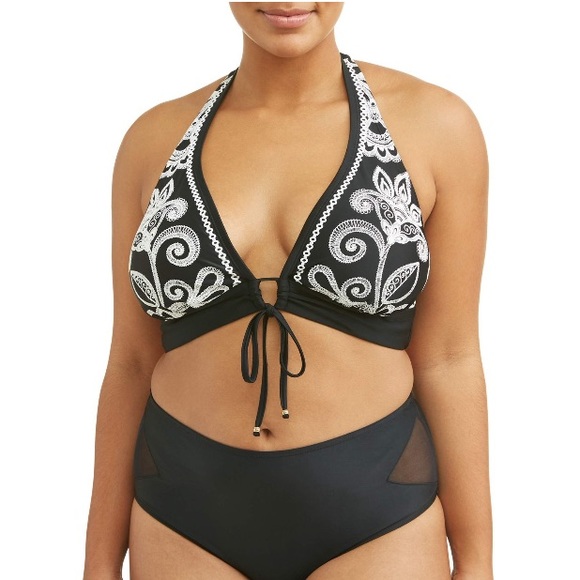 Time & Tru Women’s Floral Halter Bikini Top Black NEW - Picture 2 of 7